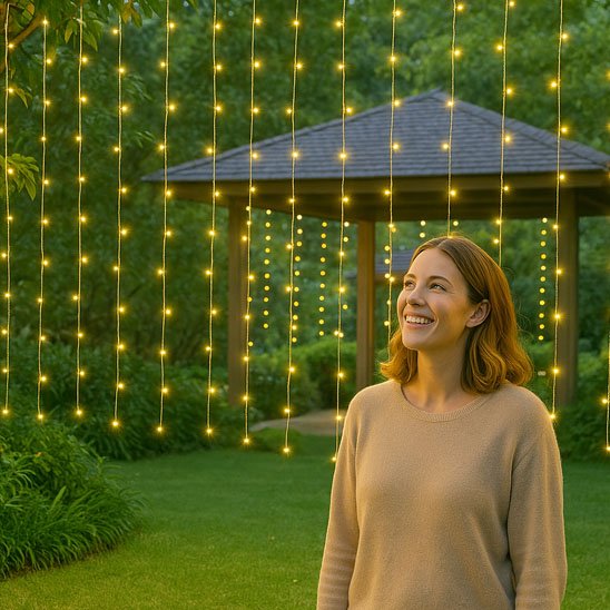 Guirlande lumineuse solaire femme terrain 
