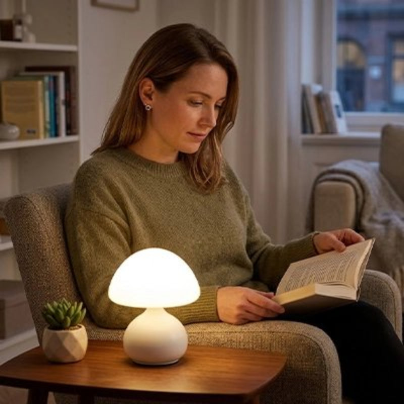 Lampe champignon blanc femme qui lit un livre