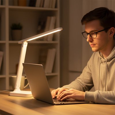 Lampe de bureau homme ordinateur soir